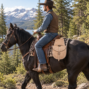 Sacoche de selle robuste en cuir de style western |   Pochette de rangement latérale pour l'équitation avec sangles et boucles sécurisées pour l'équitation en randonnée, le travail à la ferme et les équipements d'équitation - Product Image 3