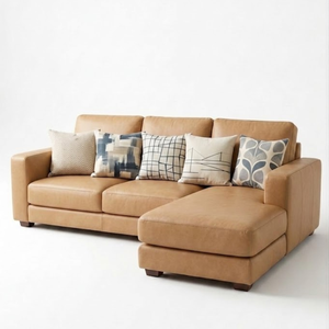Juego de Sofás en Forma de L de Cuero Genuino de Alta Gama, Color Cognac, Sofá Seccional Moderno con Chaise Longue para Muebles de Sala de Estar - Product Image 3