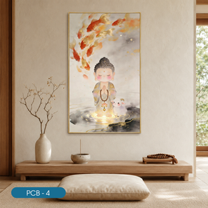 Impression sur toile de Bouddha avec poisson Koi et agneau, art religieux de dessin animé, décoration murale intérieure, modèle PCB-4, peintures personnalisées de la marque HALO - Product Image 5