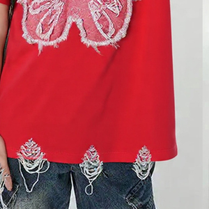 เสื้อยืดทรงหลวมปักลายขาดๆ สไตล์ดรอปโชลเดอร์ สำหรับผู้หญิง ใส่ได้ทุกวันช่วงฤดูร้อน คอกลม โอเวอร์ไซส์ - Product Image 3