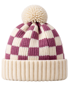 Gorro de Punto Personalizado con Diseño a Cuadros Morado y Blanco, Gorro de Invierno Cálido con Pompón, Gorro de Punto Grueso Unisex, Gorro con Logo Personalizado, Proveedor OEM - Product Image 1