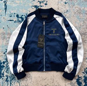 Triveers <b>Men's</b> Navy Satin Raglan Bomber <b>Jacket</b> Zip Up Embroidered Logo <b>Baseball</b> Varsity <b>Jacket</b> OEM ODM Pakistani Supplier - Product Image 4