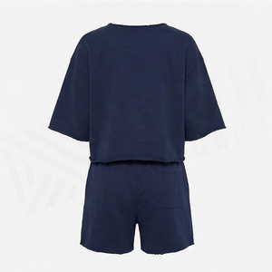 Ensemble 2 pièces pour femmes, short en coton bleu marine avec imprimé nuage orange, haut décontracté à col rond et short au-dessus du genou, printemps - Product Image 2