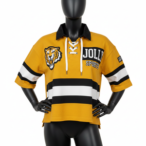 Maillot de rugby pour femme en coton lourd et polyester, double tricot, jaune et noir, avec empiècements rayés et logo personnalisé - Product Image 6