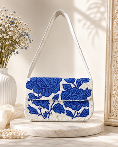 Blue Floral Beaded Shoulder <b>Bag</b> Embroidered Single Strap Handbag Portable Small Personal Item for Daily Travel - Product Image 1
