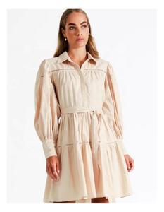 2026 Organic Cotton Shirt Dress With Trim in Sand tiered skirt with a <b>belted</b> waist and collared neckline - Product Image 3