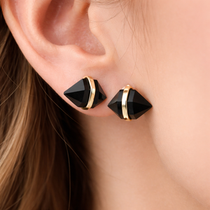 Black Onyx Elongated Hexagon <b>Stud</b> <b>Earring</b> Center Bezel <b>Set</b> Faceted Gemstone Handmade Minimalist Jewelry Gift For Her - Product Image 2