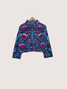 Veste en coton brodée florale bohème, col montant, manches longues, fermeture éclair, longueur courte, vêtements d'extérieur décontractés pour femmes - Product Image 1