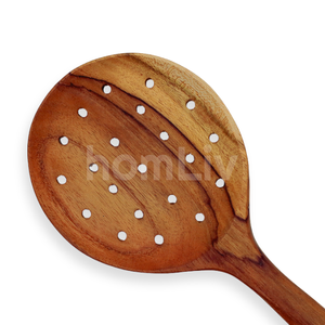 OEM Natural Eco Friendly Siera Teak Wood Skimmer Slotted Spoon Sustainable Food Safe No <b>Paint</b> Halal Customized Turner - Product Image 2