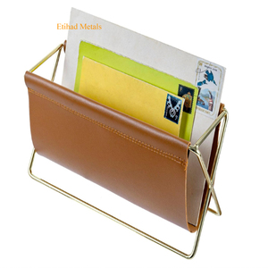 Tan Leather Magazine Holder Magazine Rack With Gold Metal <b>Frame</b> Mid Century Caramel Leatherette Mail Sorter Letter Holder Rack - Product Image 3