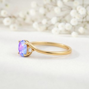 Minimalist Oval Lavender Fire <b>Opal</b> <b>Ring</b> October Birthstone <b>Ring</b> 925 Sterling Silver 18K <b>Gold</b> Filled Natural Gemstone Jewelry - Product Image 4