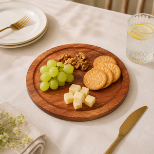 Premium Round Wooden Serving Platter | Handmade Solid Wood Snack Display Board Food Presentation Tray Modern Dining <b>Table</b> Decor - Product Image 3