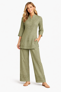 Conjunto de Dos Piezas de Viscosa Bordada para Mujer, Top y Pantalones Casuales con Cuello en V, Fabricante - Product Image 4