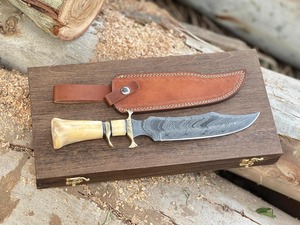 Custom Handmade Industrial Grade Hunting Bowie <b>Knife</b> in Damascus Steel <b>Bone</b> <b>Handle</b> Leather Sheath Box 15in - Product Image 3