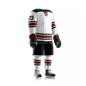 Maillot de hockey sur glace pour homme, blanc, vert, rouge, rayé, manches longues, impression sublimée, respirant, 100% polyester, coupe régulière pour adulte - Product Image 5