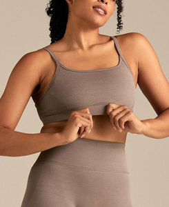 Seamless Gray Ribbed Criss-<b>Cross</b> Strap Sports Bra Scoop Neck Medium Support Women's Activewear <b>Top</b> High Quality Yoga <b>Top</b> - Product Image 1