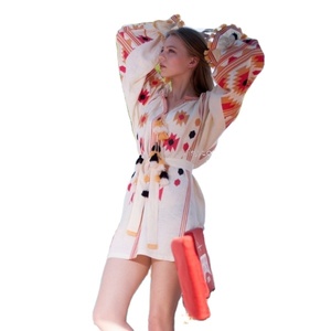 High Quality Fashion Long Dress with <b>Balloon</b> Sleeve Geometric V-Neck Digital Printed Free Size Logo on Back Cloth Material - Product Image 3