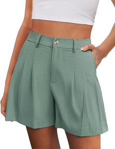 Shorts Bermuda de Lino Blanco de Cintura Alta con Acabado Lavado, Cómodos, de Color Sólido, con Cintura Elástica, Estilo Casual - Product Image 4