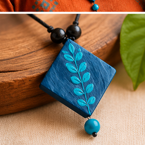 Blue Leaf Pattern Eco-friendly Ceramic Tile Jewelry Set Pendant Earrings Handmade Floral Accessory Gift with Custom Packaging - Product Image 3