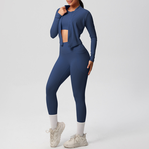 High Quality Three-Piece Fitness Yoga Set Long Sleeve <b>Zip</b>-<b>Up</b> <b>Jacket</b> Solid Pattern Inner Top Breathable Pocketed Yoga Pants - Product Image 4