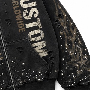 Sudadera con capucha negra personalizada con cremallera, efecto desgastado, bordado de estrella de diamantes de imitación y estampado de llamas, estilo urbano, unisex - Product Image 6