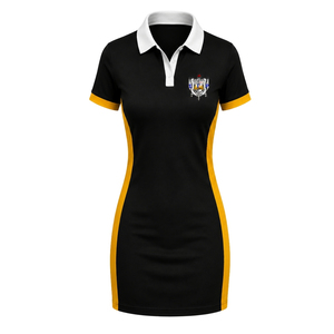 Women's Black and White Polo <b>Dress</b> <b>Short</b> <b>Sleeve</b> Contrast Collar Athletic Uniform <b>Shirt</b> with Gold Side Panels and Chest Crest Top - Product Image 1
