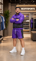 REXFIT SPORTS 2026 Ensemble veste coupe-vent et short en nylon violet et noir personnalisé, marque privée, streetwear, sportswear, design à fermeture éclair