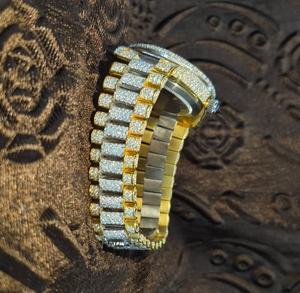 Custom Bling 41MM Stainless Steel Yellow Gold Moissanite Diamond Watch 25CT Multi-Color VVS Lab Natural Leather Business Quartz - Product Image 1