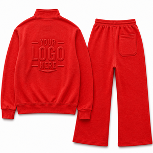 Conjunto de chándal de algodón con relieve personalizado, sudadera con cremallera de un cuarto y pantalones de chándal, conjunto de dos piezas. - Product Image 3
