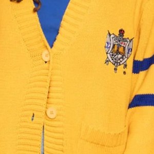 Cardigan Jaune Sigma Gamma Rho pour Femme, Manches à Rayures Bleues, Boutons, Style Premium, Pull de Sororité Grecque - Product Image 3