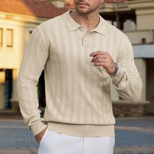 <b>Men's</b> Knitted <b>Long</b> Sleeve Polo Sweater Solid Color Autumn Casual Pullover Full Sleeve Button Closure - Product Image 5