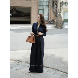 Q9047 Luxury <b>Women</b> Double Belted <b>Pinstripe</b> Wide Leg <b>Trousers</b> High Waist Pants Wholesale - Product Image 2
