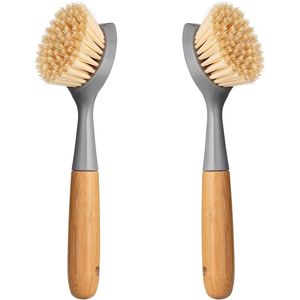 Set di 2 Spazzole per Piatti con Manico in Bambù e Raschietto Integrato per Pentole, Padelle e Pulizia del Lavello - Product Image 1