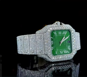 Reloj de Lujo Premium para Hombre, Estilo Hip Hop, con Esfera Verde, Cuadrado Plateado, Números Romanos, Completamente Cubierto de Diamantes, Automático - Product Image 1