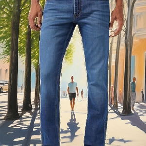 Jean en denim délavé coupe droite taille mi-haute pour homme, coupe classique, couleur unie, style vintage, décontracté, en tissu de coton respirant, idéal pour l'été - Product Image 2