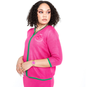 Women's Pink and Green Zipper Knit Sweater Long Sleeve Ribbed <b>Zip</b> Up <b>Cardigan</b> Casual Fashion Winter Pullover Custom Embroidery - Product Image 6