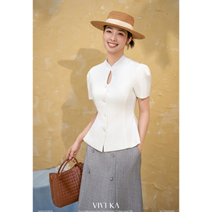 Blusa Elegante Blanca para Mujer con Cuello Mandarín y Abertura en el Escote, Estilo Peplum, para Oficina o Casual, Diseño Personalizado DORIS - Product Image 1