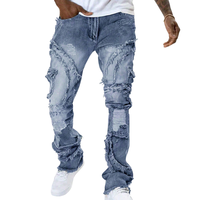 Jean en denim déchiré bleu clair pour homme, coupe droite, style streetwear décontracté, vintage, délavé, idéal pour l'été