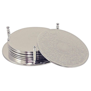 Vintage <b>Silver</b> Plated Metal <b>Coaster</b> Set with Decorative Holder Round Stainless Steel Drink Cup Mats for Home Hotel Supply - Product Image 1