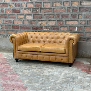 Luxury Beige Chesterfield Leather <b>Sofa</b> Two Seater <b>Wood</b> <b>Frame</b> Deep Button Tufted Back Rolled Arms Vintage Living Transitional - Product Image 3