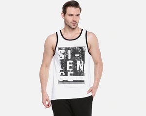 Men's White Cotton Tank Top With Black Trim And Front Letter Print Casual Sleeveless O-Neck Design Breathable Knitted Style - Product Image 3