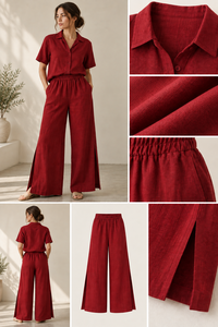 Nouvelle Collection : Ensemble Coordonné Femme Décontracté Été en Coton et Lin – Pantalon Large Taille Mi-Haute Fendu sur le Côté et Haut à Manches Courtes Effet Délavé - Product Image 5