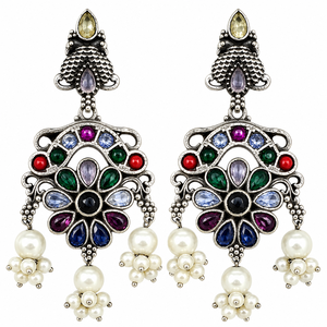 Expédition rapide Boucles d'oreilles pendantes ethniques pour femmes en laiton argenté oxydé et argenté antique, avec breloque à sertissage clos en forme de poire, bijoux - Product Image 1
