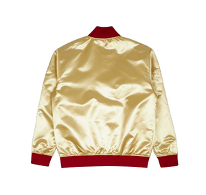 Veste universitaire en satin doré pour homme avec bordure rouge, boutons sur le devant, style décontracté, veste bomber de style universitaire, vêtement d'automne - Product Image 2