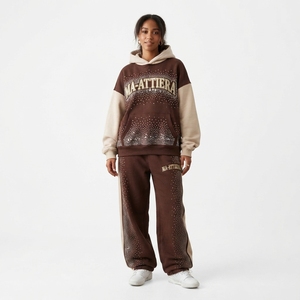 Ensemble de survêtement polaire à capuche pour femme avec imprimé lettres en strass, coupe ample, tenue décontractée, sweat-shirt long, ensemble femme uni avec fermeture éclair - Product Image 1