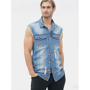 Chaleco Vaquero para Hombre, Estilo Casual, Desgastado, Azul Claro, Sin Mangas, Estilo Vintage, Tela de Algodón, para Primavera - Product Image 2