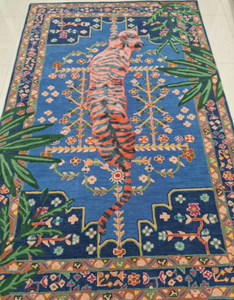 Tapis à nœuds, tapis oriental en laine, motif tigre bleu, tufté à la main, rectangulaire, pour salon, à poils moyens, avec support en coton - Product Image 2