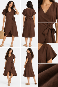 Premium Woven Cotton <b>Linen</b> Knee-Length Breathable Solid Color <b>Wrap</b> Short Sleeve Casual Gown Natural Waist A-Line Silhouette - Product Image 4