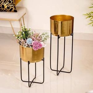Luxury Gold <b>Hammered</b> Metal Planter Set of 3 with Black Iron Stand Indoor Plant <b>Holders</b> - Product Image 5