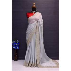 Saree fantaisie en soie brodée Rangoli avec chemisier en soie 100% non cousu couleur blanche - Product Image 1